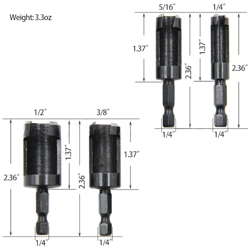 Wood Plug Cutters Drill Bit Set with 1/4 Hex Shank, Straight and Tapered Taper Cutting Tool 1/4", 5/16", 3/8", 1/2", 8Pcs, Black