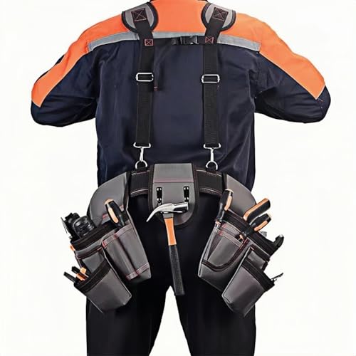 Tool Belt with Suspenders, Tool Belts for Men, Magnetic Wristband & Detachable Pouch – Heavy Duty Adjustable Belt for Electricians, Carpenters, DIY, Construction,Gift (Gray, Universal) - color: Gray