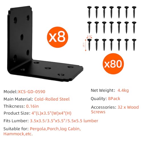 4x3.5x4 Inside Corner Brace Brcket,90° Angle Heavy Duty Brackets with Screws,L Shaped Bracket for 4x4 4x6 Wood Beam,Metal Angle Bracket for Garden Pavilion,Porch,Cabin,Shelve,Bed (8pcs) - size: 4x3.5x4
