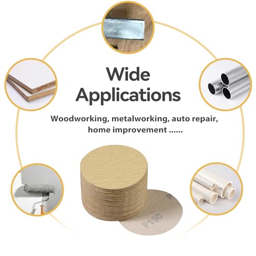 CowboyBOB 3 Inch 50PCS Hook and Loop Sanding Discs No Hole 150 Grit Gold Aluminum Oxide Orbital Sander Sandpaper Air Random Orbital Sander Paper for Wood Auto Body Paint Metal Polishing Use - size: 50 PCS 150 Grit