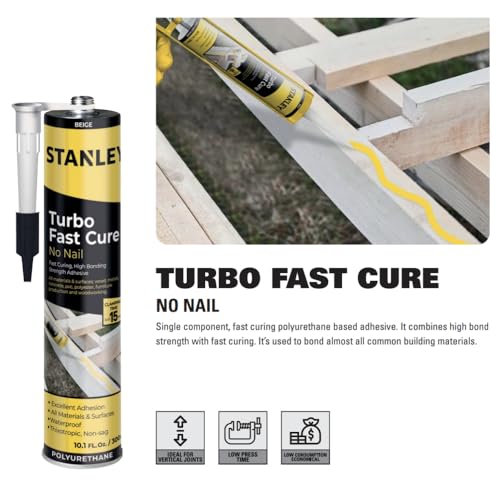 Stanley Turbo Fast No Nail Adhesive -2X10.1 fl.oz. - Polyurethane Heavy Duty Construction Adhesive for All Surface and All Materials, Waterproof, Instant GRAP, Weather Resistant, 2 Pack - size: 10.1 Fl Oz (Pack Of 2)