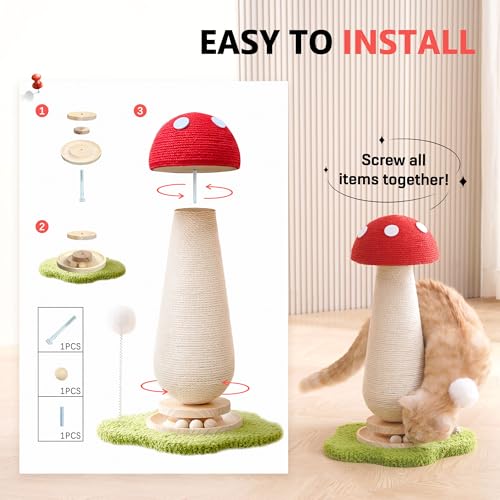 Mushroom Cat Scratching Post Cat Tree, 21.5‘’ H Cute Cat Scratcher Tower with Durable Solid Wood Turntable Toy, Mushroom Scratch Post Cat Sisal Scratcher with Catnip for Indoor Adult Cats - color: Mushroom