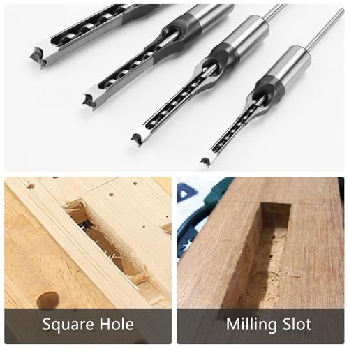 4 Pcs Mortise Chisel Set 1/4 5/16 3/8 1/2 Inch Square Hole Drill Bits for Mortiser Wood Mortising Chisel Drill Bit Hollow Chisel Mortise and Tenon Drill Tools