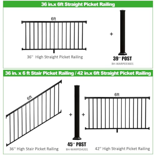 36 in. H x 6 ft. Heavy Duty BH Aluminum Stair Picket Railing, Porch and Deck Railing Kit Supports Up to 800 Lbs, IBC Compliant and Certified, AAMA2604 Powder Coating, Textured Black - size: 36 in. x 6ft Stair Railing, style: Railing and Post