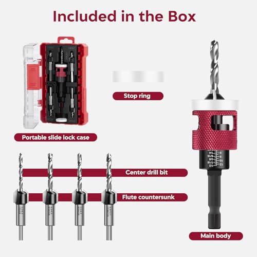 7 Pcs Countersink Drill Bit Set - 5‑Pcs Replaceable 2-Flute TCT Tapered Drill Bits with Low‑Friction Adjustable Depth Stop, 1/4” Hex Shank for Woodworking Tools & Hand Tools