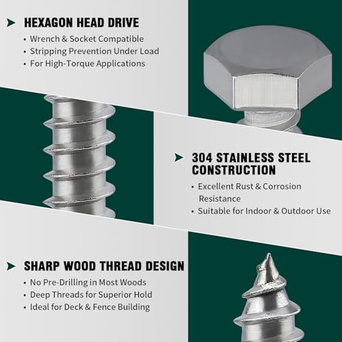 3/8" x 4-1/2" Hex Head Lag Screws Bolts for Wood, 304 Stainless Steel 18-8, Heavy Duty Lag Bolts, Hexagon Head Wood Deck Screws 8 PCS - size: 3/8 x 4-1/2"