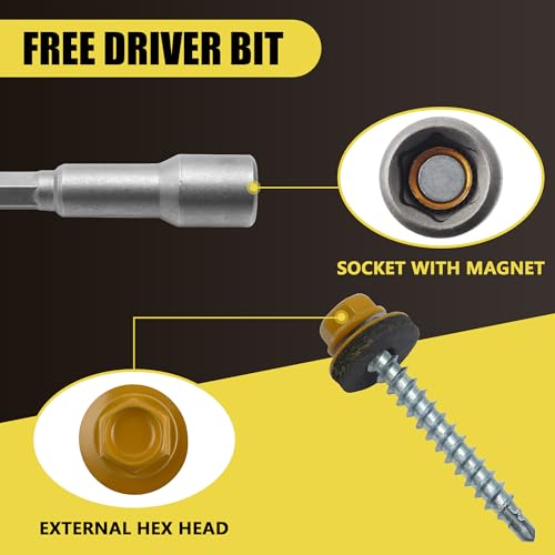250PCS #10 x 1-1/2" Yellow Hex Head Self-Drilling Metal Roofing Screws - color: Yellow, size: 1-1/2 in