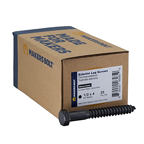 1/2" x 3”, 25-Piece Black Lag Bolts, Rustproof 4-Layer Ceramic BLAKOTE, 2X Protection of Galvanized Lag Screws, for Decks Pergolas by Makers Bolt - size: 1/2 x 3