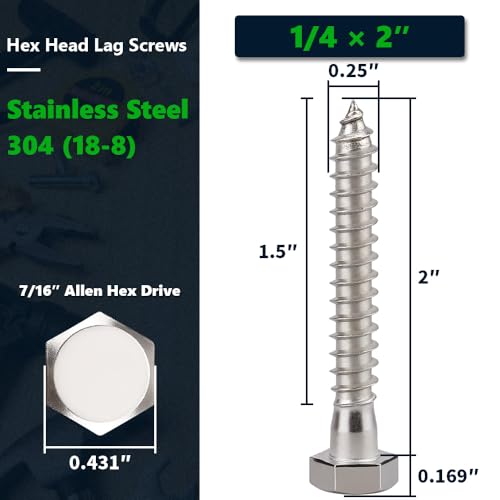 20-Sets 1/4 x 2 Hex Head Lag Screws & Flat Washers, Heavy Duty Lag Wood Screws, 304 Stainless Steel (18-8), 1/4" Bolt - size: 1/4 x 2