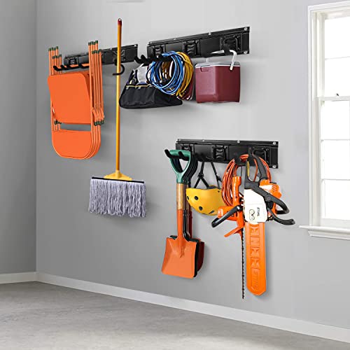 SMARTOLOGY Modular Heavy-Duty Steel Garage Tool Storage Rack - 150 lbs Weight Capacity Weather-resistant Powder-Coated Wall Mount Organizer for Shovels, Rakes, Ladders & Landscaping Equipment - size: 68 in rack with 12 hooks