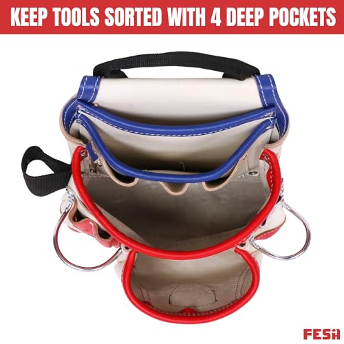 FESA Leather Carpenter Tool Pouch - 10-Pocket Heavy Top Grain Leather Carpenter Pouch with 2 Hammer Loops, Large & Small Pockets - Fits Work Belts up to 3" - Handcrafted - Country-Themed - color: White - USA