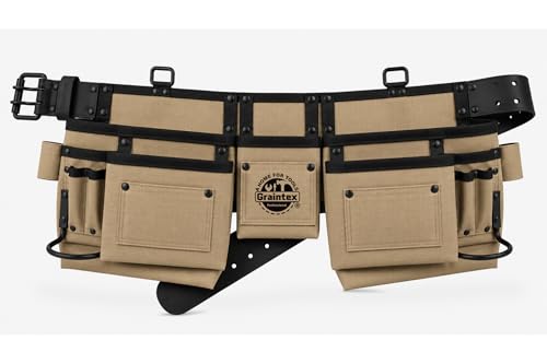 Graintex 11 Pocket Professional Tool Belt/Tool Bag, Ripstop Canvas Double Layered, Leather Trims, 2” Leather/Webbing Belt, 2 Hammer Holders for Construction, Framers, Carpenters (Khaki) - color: Khaki