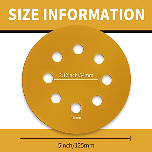 100 Pcs 5 Inch Sanding Discs Hook and Loop, 8 Hole Gold Premium 800 Grit Dustless Random Orbit Sandpaper for Woodworking or Automotive - style: 800 Grit-100 Discs