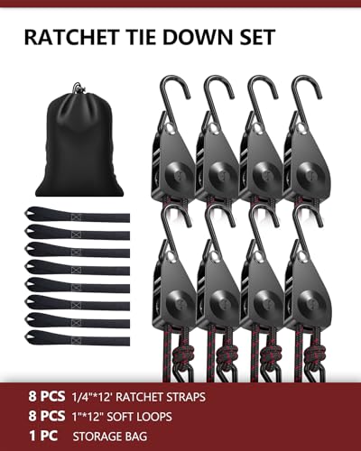 Ratchet Tie Down Straps, 1/4" Adjustable Rope Hangers 8 Pack, 12FT Tie-Down - size: 1/4" 8-Pack