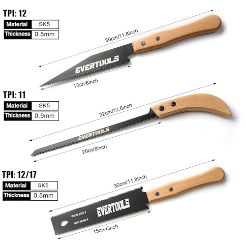 Japanese Hand Saw Set, 3-Piece Pull Saw with 6" Ryoba, 6" Flush Cut & 8" Pruning Blade, SK5 Steel for Woodworking, Trim, Wood Cutting