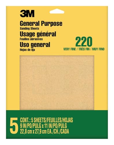 3M Sandpaper, 220 Grit, 5 Sheets, 9 in x 11 in, Sands Paint, Wood & Metal, Great for General Purpose Sanding, Very Fine Aluminum Oxide Sand Paper (9000NA-20), 2-Pack - size: 9 in x 11 in (2-Pack, 10 Sheets), style: Very Fine