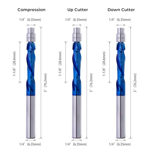 1/4" Shank Spiral Flush Trim Router Bit, 1-1/8" Cut Length & 3" OAL, Down Cut Solid Carbide CNC Bit with Nano Coating for Wood Trimming - style: DOWN CUT
