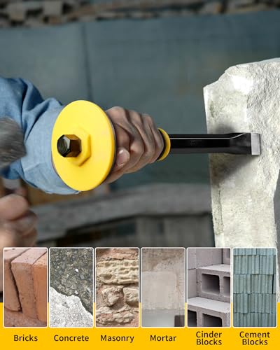 Concrete Chisel Set, Firecore 3PCS Stone Chisel Tool with Rubber Hand Guard - size: 3-Piece Set (8.27" x 11" x 11")