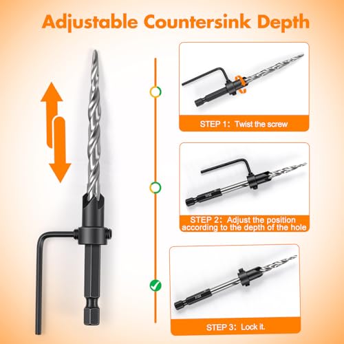 Countersink Drill Bit Set, 5PCS HSS Tapered Drill Bits for Woodworking