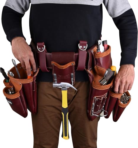 FUERI Leather Tool Belts with Suspender for Men, Heavy-Duty Durable Carpenter Tool Rig Organizer With 19 Pockets-2 Pouches, Padded Suspender, Hammer Holder, D-Loops & Foam-Padded Belt Electricians - color: Maroon Tool Belt and Maroon Suspender
