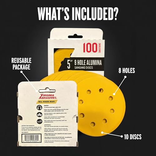 8-Hole Alumina Sanding Discs, Hook & Loop Sandpaper, 5" 100 Grit, Box of 10 - style: 100 Grit/Coarse