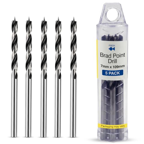 Fisch Brad Point Drill Bit Set – Chrome Vanadium Wood Bit, Precision Woodworking Tools, DIY & Professional Use, Compatible with Standard Drills, Size 7mm Dia x 109mm OAL (5 Pack) - size: 7mm Dia x 109mm OAL (5 Pack)