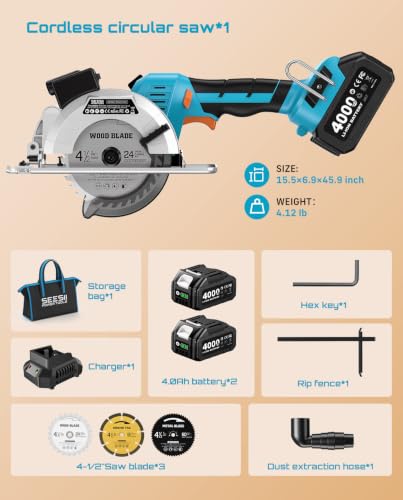 SEESII Brushless Cordless Circular Saw with 2×4.0Ah Batteries & Charger