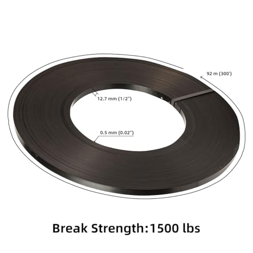 300’x 1/2”Steel Strapping Coil, 0.02" Thick, Black Packaging Steel Strapping Roll, 1500 lbs Break Strength, Anti-Corrosive, Tensile Strength for Heavy Loads, Pallet Transportation