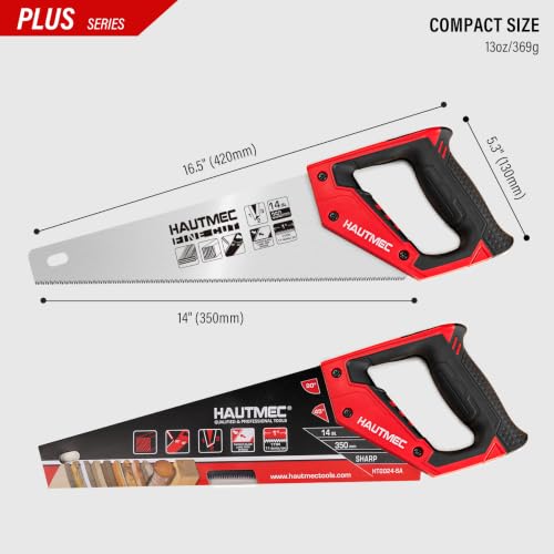 HAUTMEC 14 Inch Hand Saw for Wood Cutting, 11 TPI Small Crosscut Wood Saws with Triple-Ground Teeth, Fine Cut Handsaw for Woodworking, Garden, Trees, PVC Pipe - style: Plus 14"
