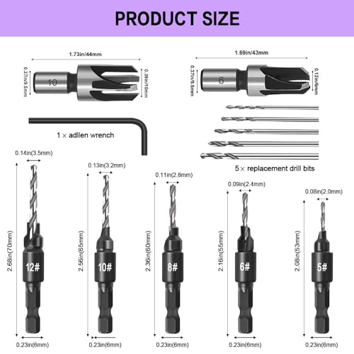 Countersink Drill Bit Set, 5 Piece Woodworking Chamfered Set with 1/4 Inch Hex Shank Compatible with Dremel Rotary Tool, Counter Sinker Tools for Hole Drilling, 2 Piece Wood Plug Cutter with L-Wrench
