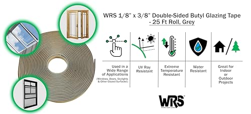 WRS 1/8" x 3/8" Double Sided Butyl Tape, Grey, 25 Ft, for Weatherproofing - color: 1/8" x 3/8" - 25 Ft Roll, Grey