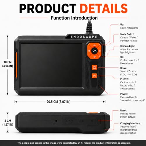 Triple Lens Borescope, 5" IPS Screen, 1080P Photo & Video, 16.4FT Cable - size: 5''Triple Lens 16.4FT