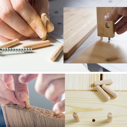 BUGYOO 200Pcs Wooden Dowel Pins with Tapered End with Bevel Angle Groove Wood Peg - 9 Sizes, Small Wooden Dowels Fluted Dowel Pins Assorted Used for Crafts, Furniture, Door, Woodworking