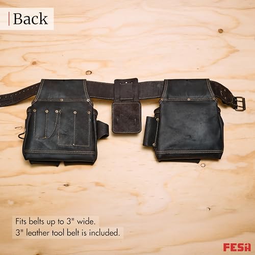 FESA 3 Inch Leather Tool Belt for Men with Hammer Holder Adjustable 34"-44" - color: Brown