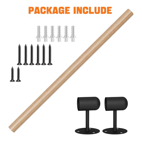 2FT Round Wooden Stair Handrail Wall Mount - size: 2FT