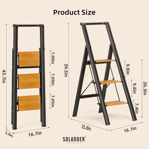 SOLADDER Folding 3 Step Ladder with Handrails,Foldable Step Stool - color: Black&woodgrain, size: 3 Step