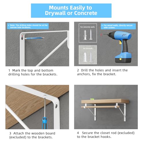 10-Pack Closet Rod Bracket, 10.8x10.8Inch Closet Shelf Brackets Heavy Duty Wall Mounted, Matte White Steel Closet Rod Support Brackets Holder, 300 Lbs Load Capacity with Anchors Screws - color: 10Pack-White