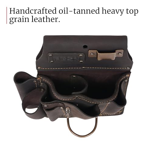 FESA Leather Drywaller's Tool Pouch - 10-in-1 Heavy Top Grain Leather With Steel Hammer Loop & Tape Measure Clip - Fits Belts up to 3" - Handcrafted - color: Brown