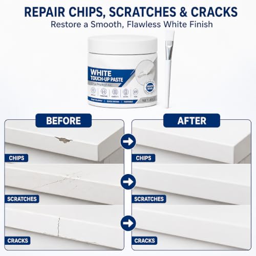 White Furniture Touch-Up Paste with Brush, 1.41 Oz, Wood Filler Wall Repair Cream for Scratches, Fit Tables Cabinets Wooden Floors Walls (1Pcs)