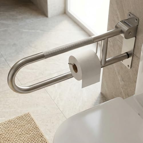 28-Inch Foldable Toilet Grab Bar – 90° Flip-Up Design, Premium 304 Stainless Steel, Anti-Slip Grip with Built-in Paper Holder, Wall-Mounted Handicap Safety Rail, Supports 350–400 lbs - size: 28-Inch