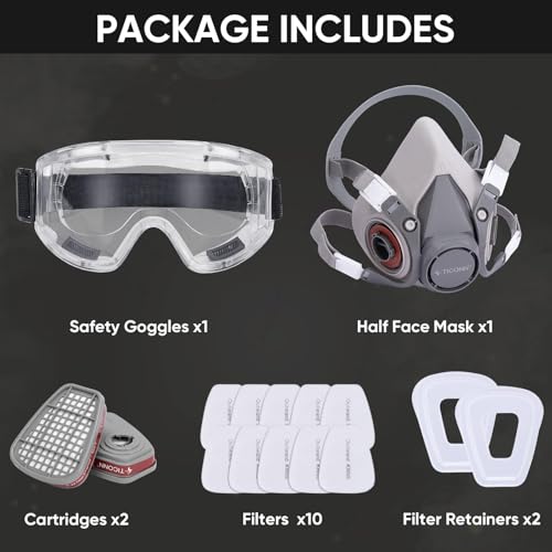 TICONN Reusable Respirator Mask with Filters, Gas Mask with Anti Fog Safety Glasses, Anti-Dust Half Face Cover Respirator