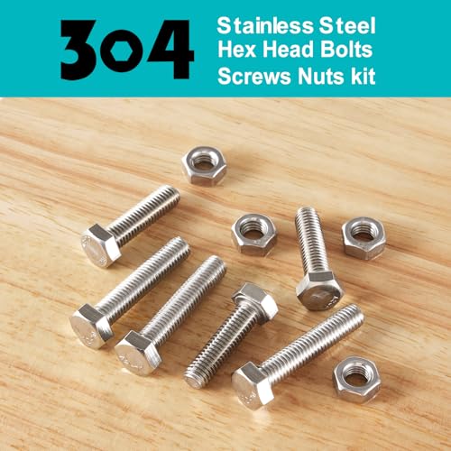 M6 x 10mm 20mm 30mm 40mm Hex Head Bolts and Nuts, M6 x 1.0 Bolts, Hexagon Head Screws, Stainless Steel 304, Bright Finish, Fully Thread, Assortment Kit 80PCS - size: M6x10-40mm+Nuts