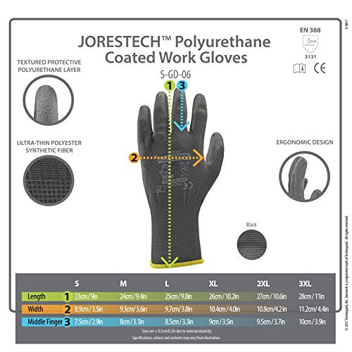 JORESTECH PU-Coated Work Gloves, Black, Tactile Grip, 12-Pack, GD-06