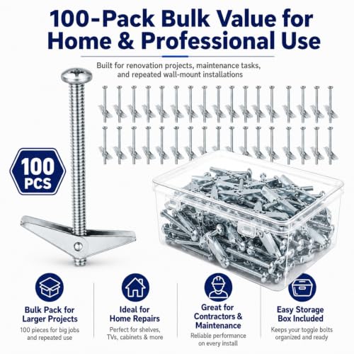 100-Pack 3/16" x 3" Toggle Bolts, Medium-Duty Spring Toggle Anchors for Drywall and Plaster, Zinc Plated Steel Hollow Wall Butterfly Bolts for Towel Bars, Mirrors, and Light Fixtures - size: 3/16" x 3"