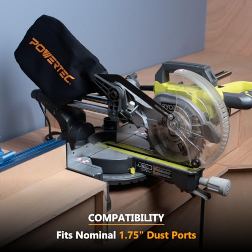 POWERTEC Miter Saw Dust Collector Bag for 7-1/4", 8-1/2", 10" Miter Saw.Fits Nominal 1-3/4" Dust Ports, Hook & Loop Dust Bag w/Zipper, Wired Adjustable Stand for Tank Belt Sander & Diagonal Saw(75076) - style: 1-3/4" Dust Ports, Miter Saw Dust Bag, 1PK