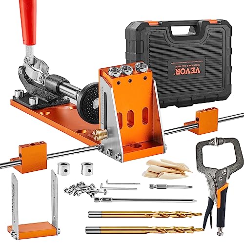 VEVOR Pocket Hole Jig Kit, 34 Pcs Pocket Hole Jig System with 11" C-clamp, Fixture, Step Drills, Wrenches, Drill Stop Rings, Square Drive Bits, Toolbox, Adjustable, for DIY Carpentry Projects - color: Orange