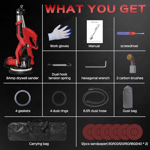 Drywall Sander, 2026 Upgraded 8-Amp Popcorn Ceiling Removal Tool - color: Red & Black