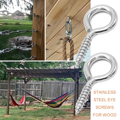 M6 10 Pcs 304 Stainless Steel Screws Eye,2.56 Inch Screw Self Tapping Eye,Load Bearing 200LB, Duty Eye Bolt for Wood Securing Cables Wire,Indoor & Outdoor Use (10, M6 2.56 Inch) - size: M6 2.56 Inch