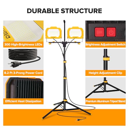 LUTEC 25000 Lumen LED Work Lights with Stand, Dual Head Dimmable Work Light with 6 Brightness Levels, IP65 Waterproof Rotating WorkLights with Telescoping Tripod and 8.2 Ft 3-Prong Power Cord - style: 25000 Lumen