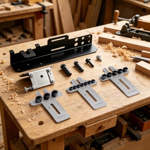 08359 Stainless Steel Dowel Jig Kit, Precision Woodworking Doweling Jig with 90 Degree Angle Bracket, 1/4" 3/8" 1/2" Dowel Hole Drilling Guide Locator for Furniture Cabinet Joinery DIY Wood Projects